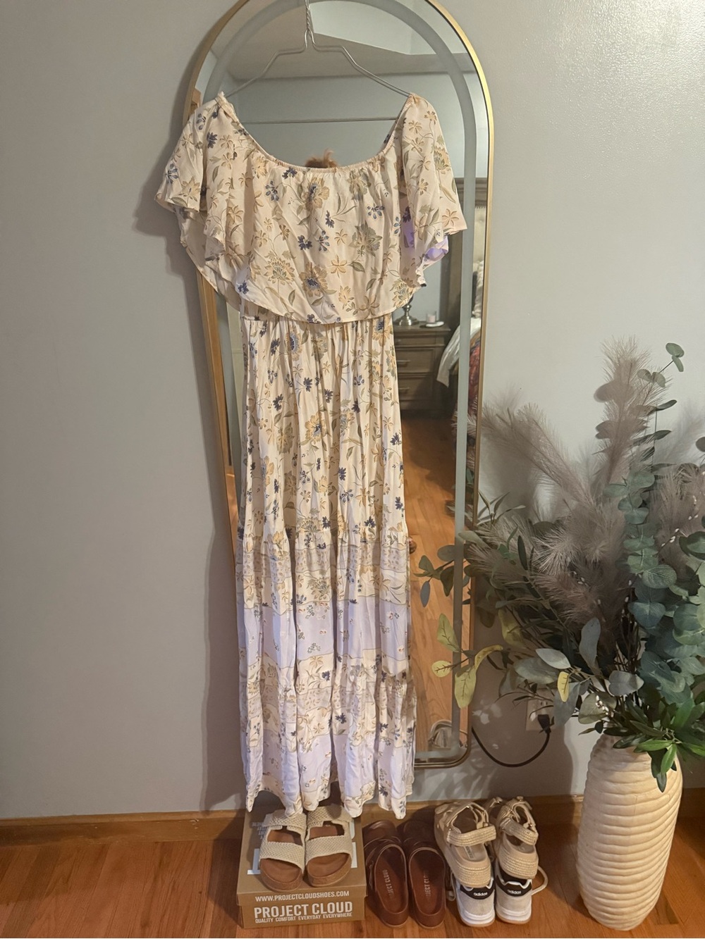 Aakaa Cream and Lavender Floral Off-Shoulder Maxi Dress